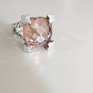 David Yurman 925 Silver 15mm Cushion on Point With Morganite and Diamonds Size 8